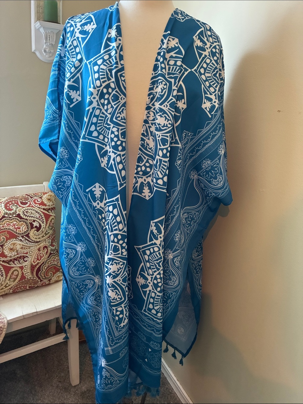Blue & White Printed Kimono Cover-Up